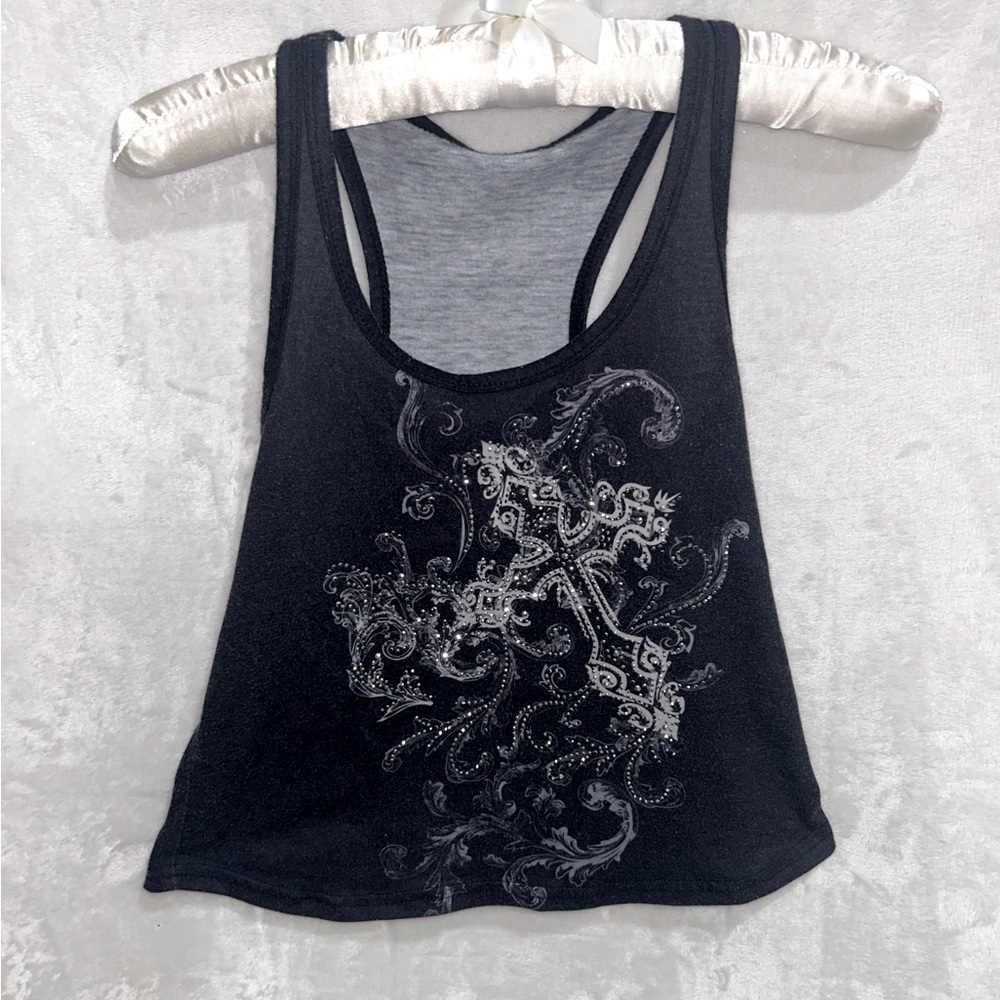 romwe yk2 grunge emo bling punk cross print rhinestone decor tank top